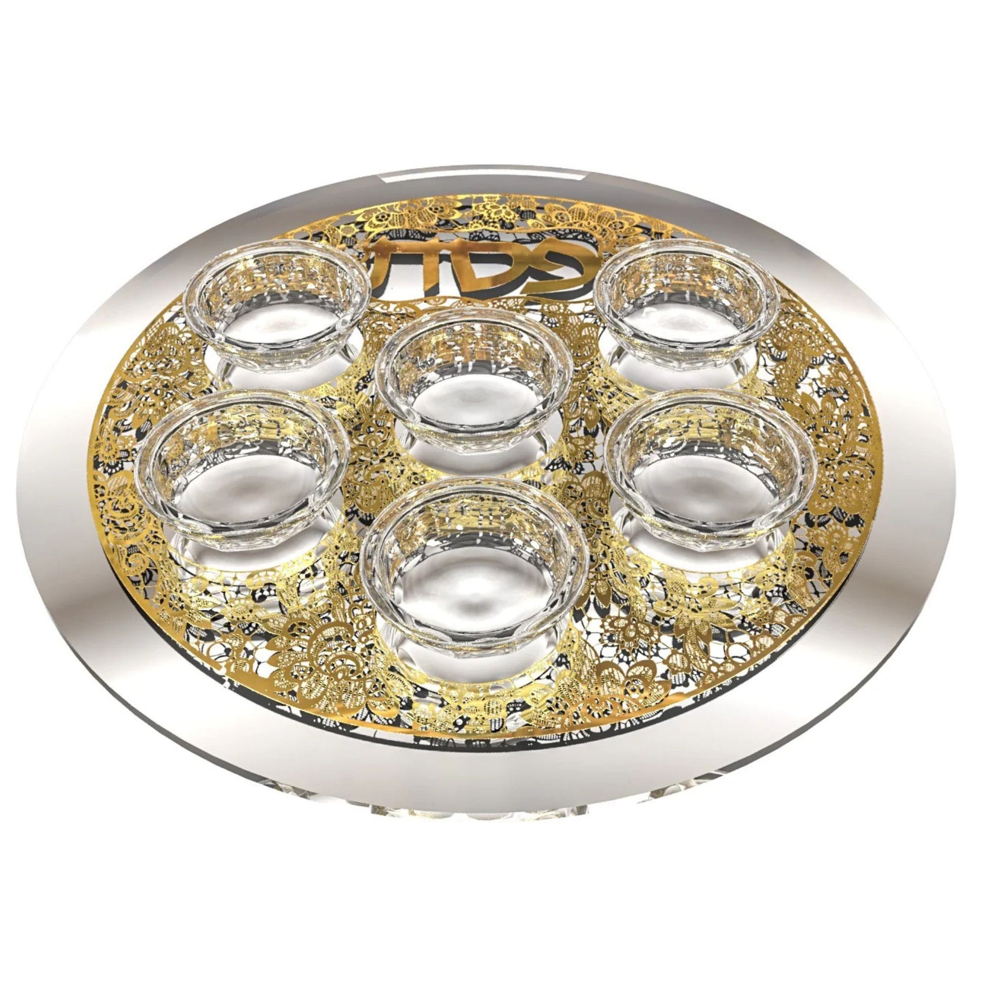 Decorative passover Seder Platevwith six small cups on a gold and silver design, on a white background - AFH Bargains