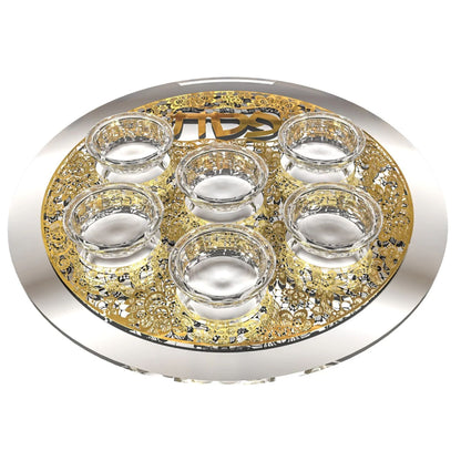 Decorative passover Seder Platevwith six small cups on a gold and silver design, on a white background - AFH Bargains