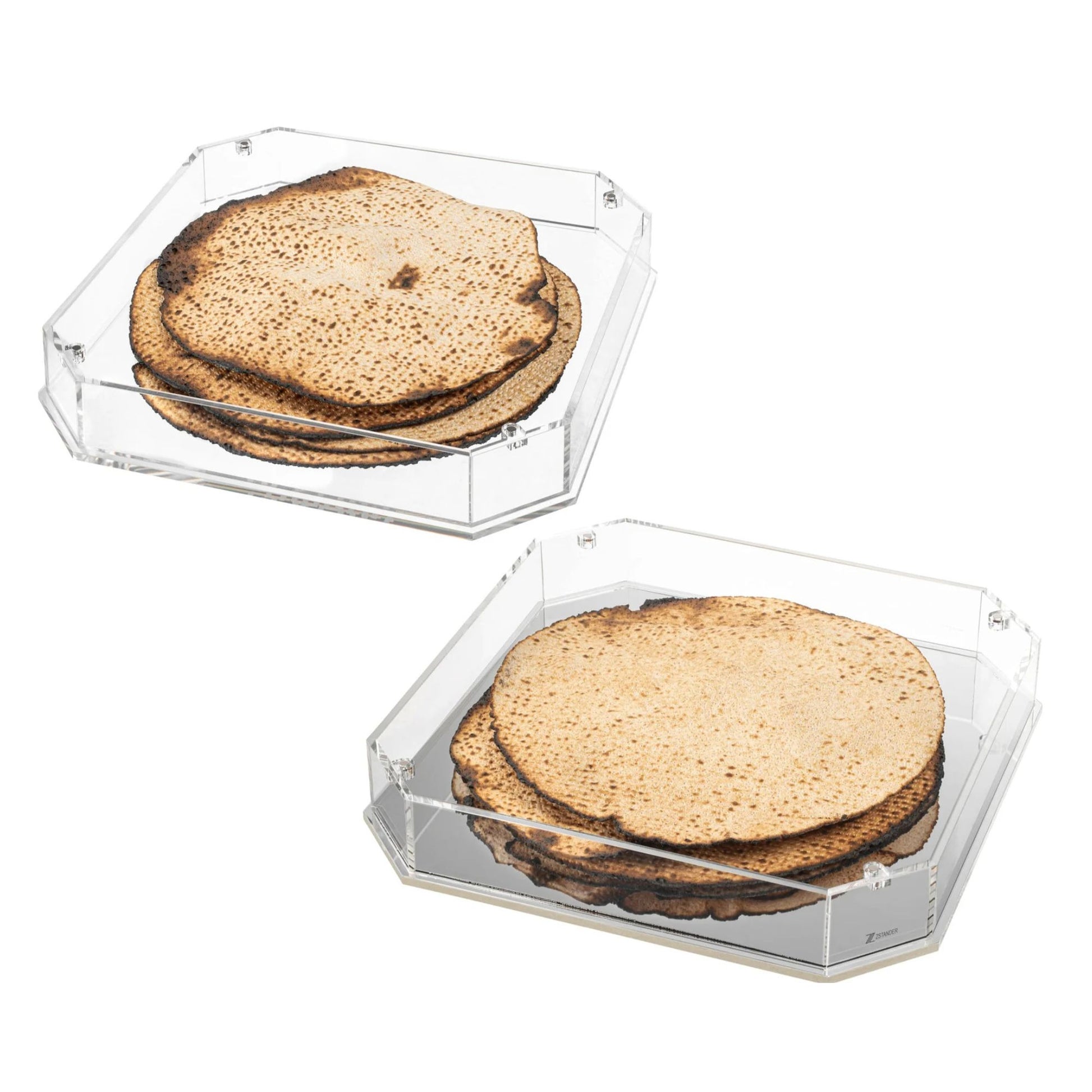 Two hexagonal clear containers with stacked matzahs on a white background - AFH bargains