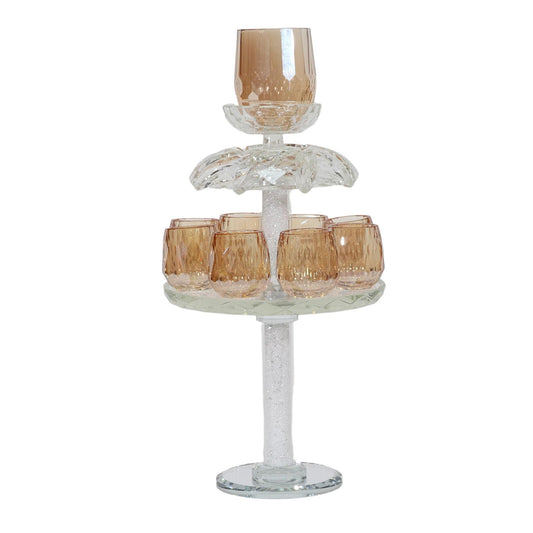 Clear glass tiered stand with brown glasses on a white background - AFH Bargains