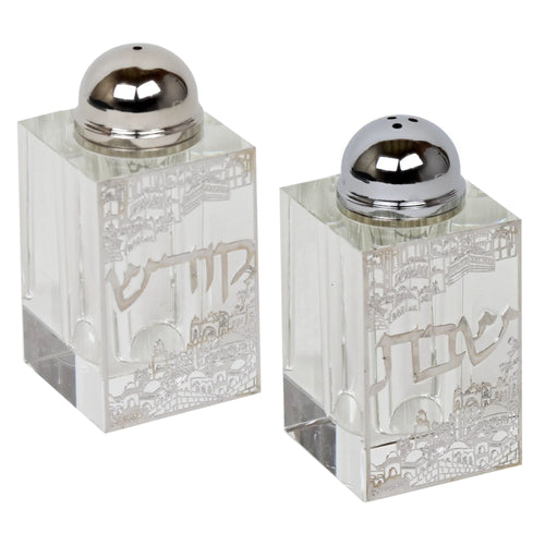 Two crystal salt and pepper shakers with silver lids on a white background - AFH Bargains