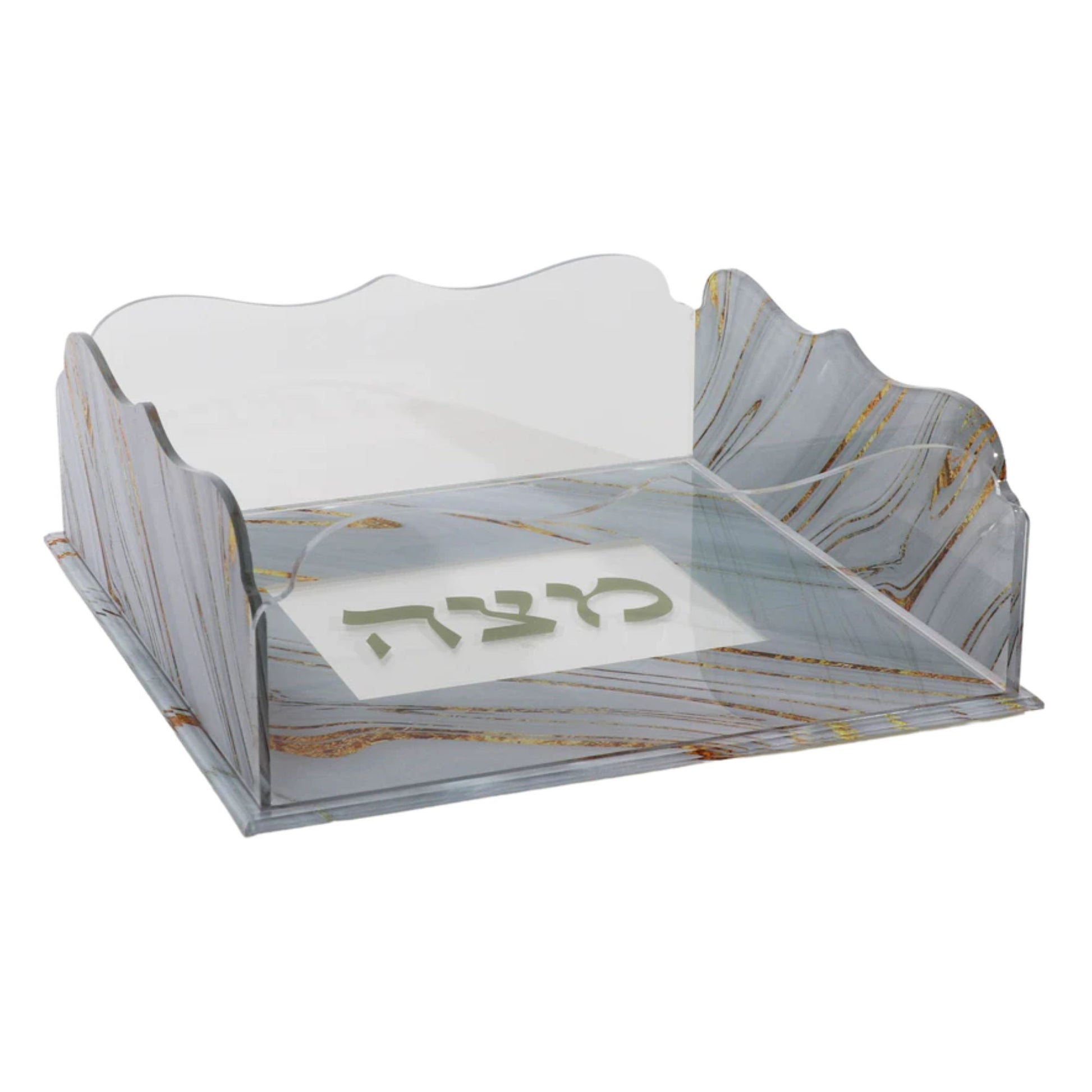 Lucite Matzah Tray with Hebrew text on a white background - AFH Bargains