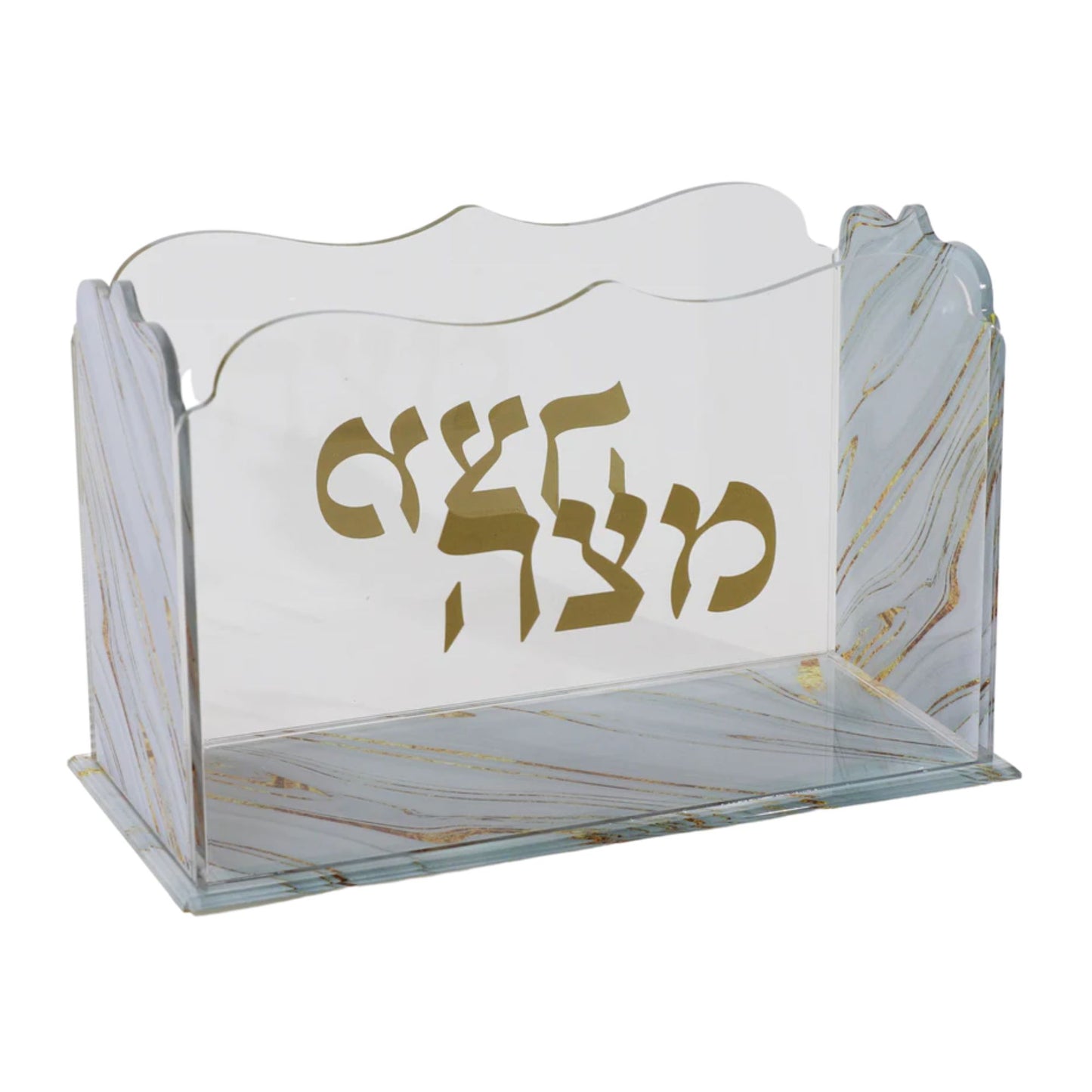 Lucite matzah box with Hebrew text on a white background - AFH Bargains