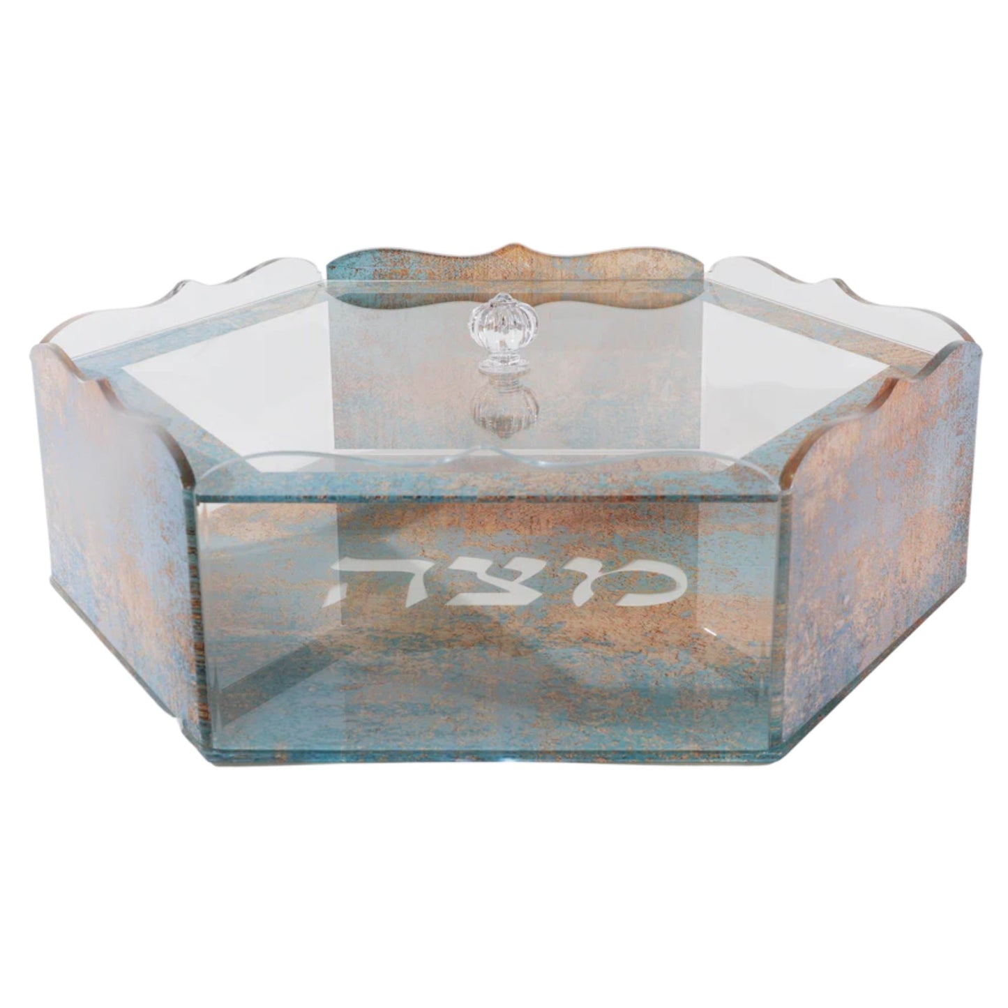 Acrylic Matzah Holder with marble design and Hebrew text on a white background - AFH Bargains