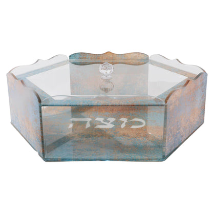 Acrylic Matzah Holder with marble design and Hebrew text on a white background - AFH Bargains