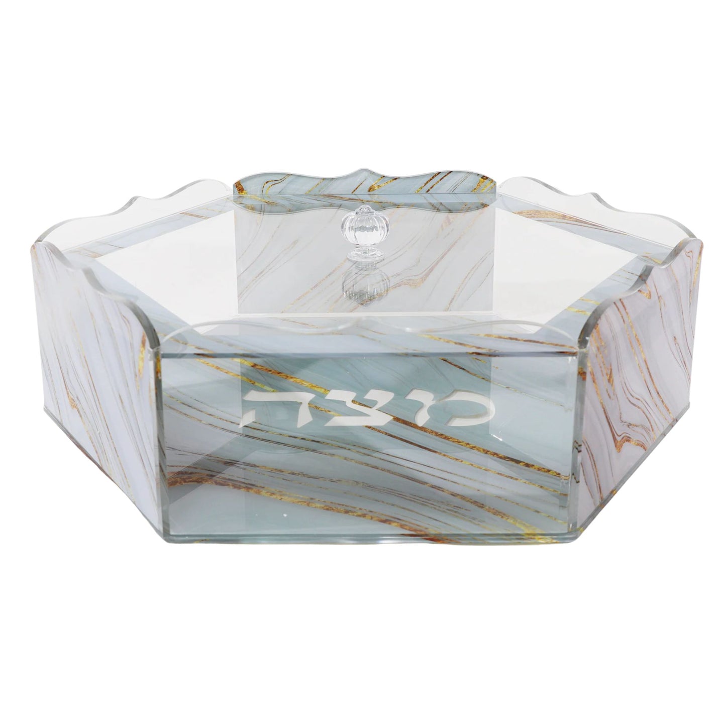 Acrylic Matzah Holder with marble design and Hebrew text on a white background - AFH Bargains