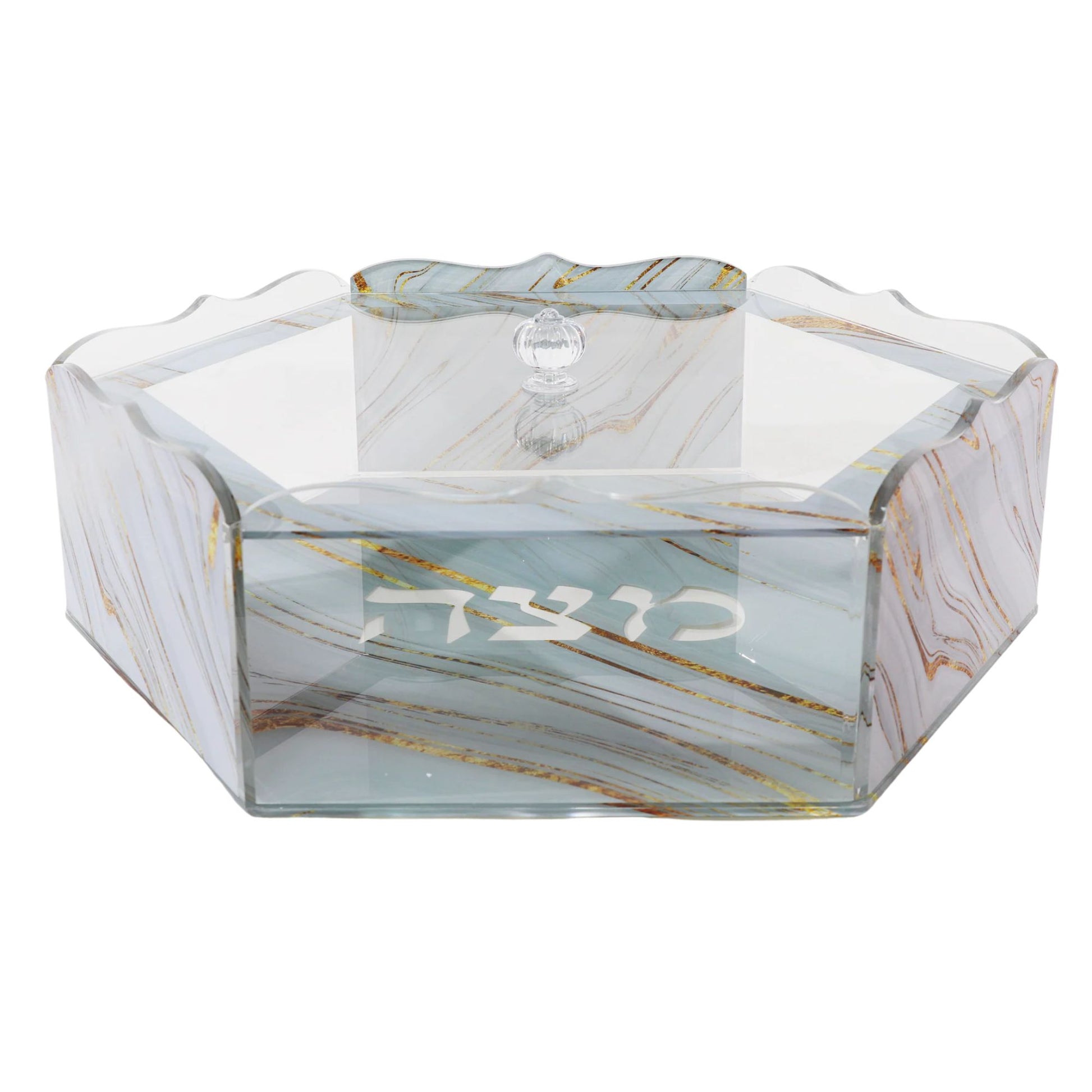 Acrylic Matzah Holder with marble design and Hebrew text on a white background - AFH Bargains