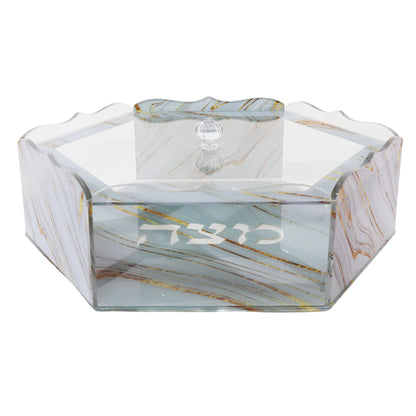 Acrylic Matzah Holder with marble design and Hebrew text on a white background - AFH Bargains