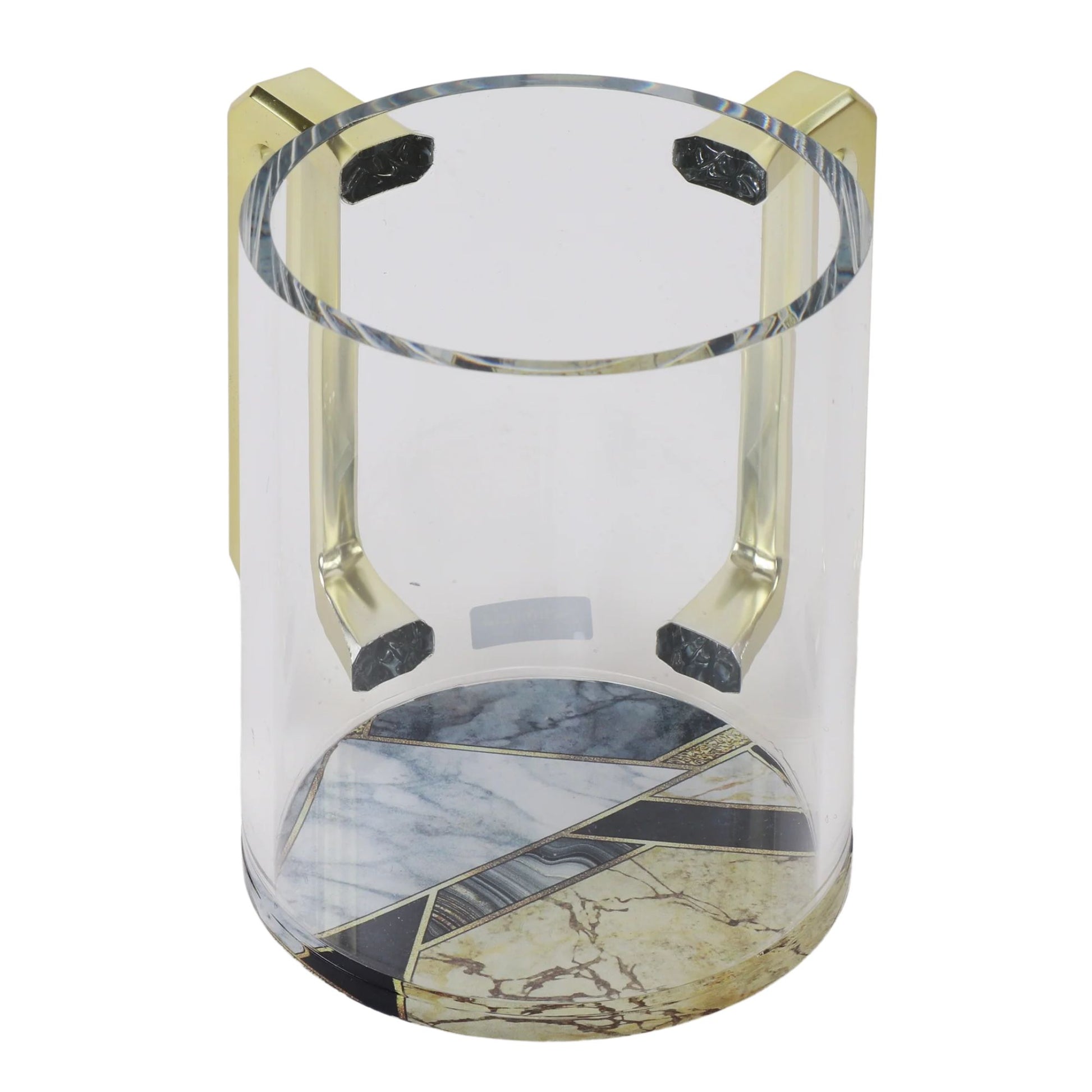 Lucite Washing cup with marble base and gold accents on a white background
