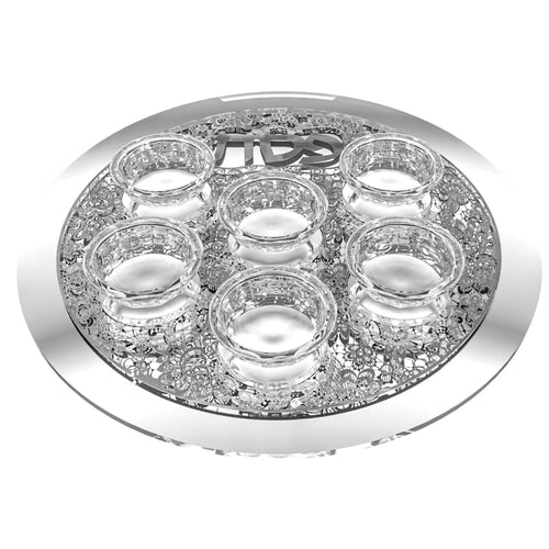 Round silver passover seder plate with crystal-like design on a white background - AFH Bargains