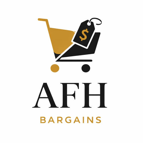 Logo of AFH Bargains with a shopping cart and price tag icon on a white background