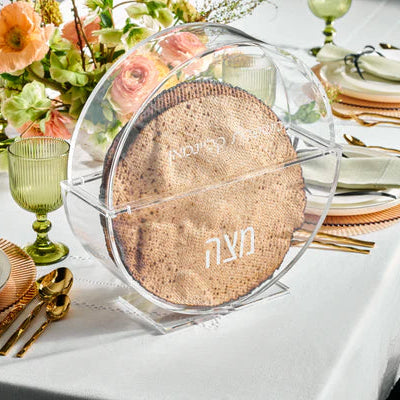 Round standing Matzah box on a table setting with plates, glasses, and flowers - AFH Bargains