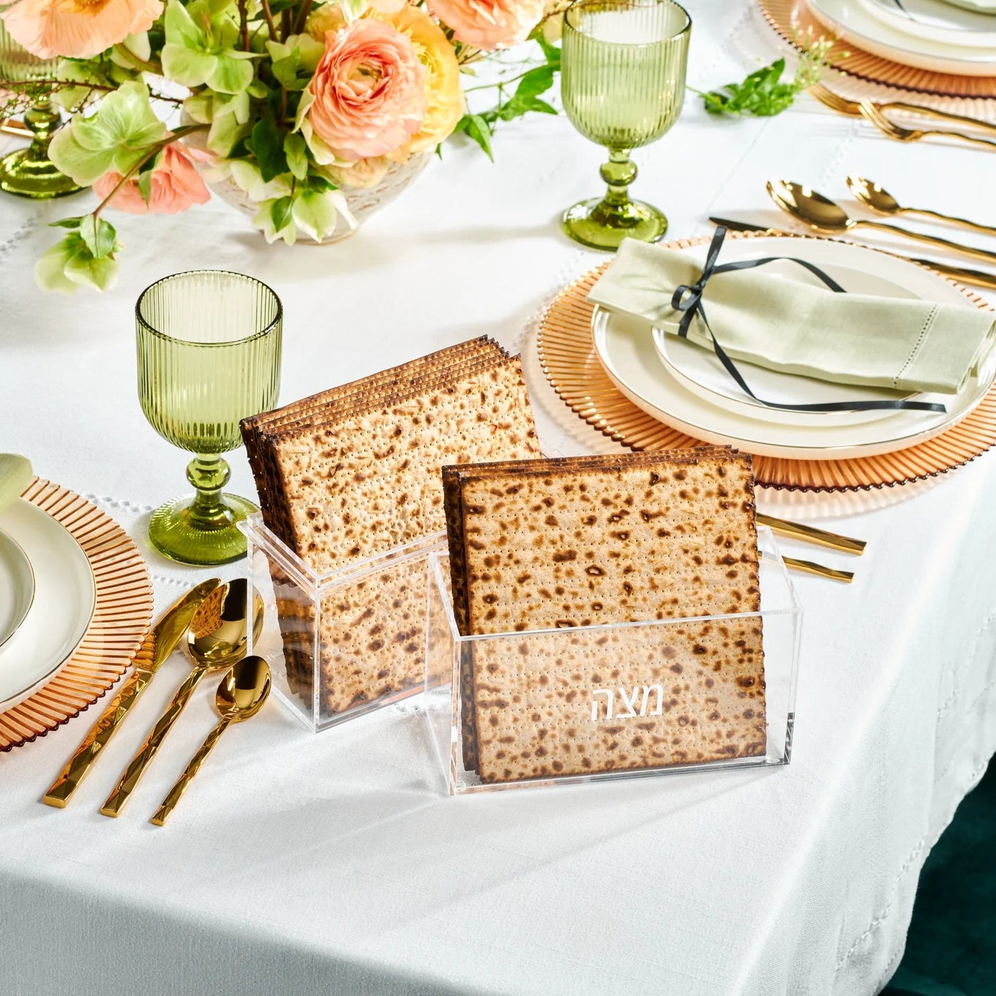 Set table with matzah, wine glasses, and silverware on a white tablecloth - AFH Bargains