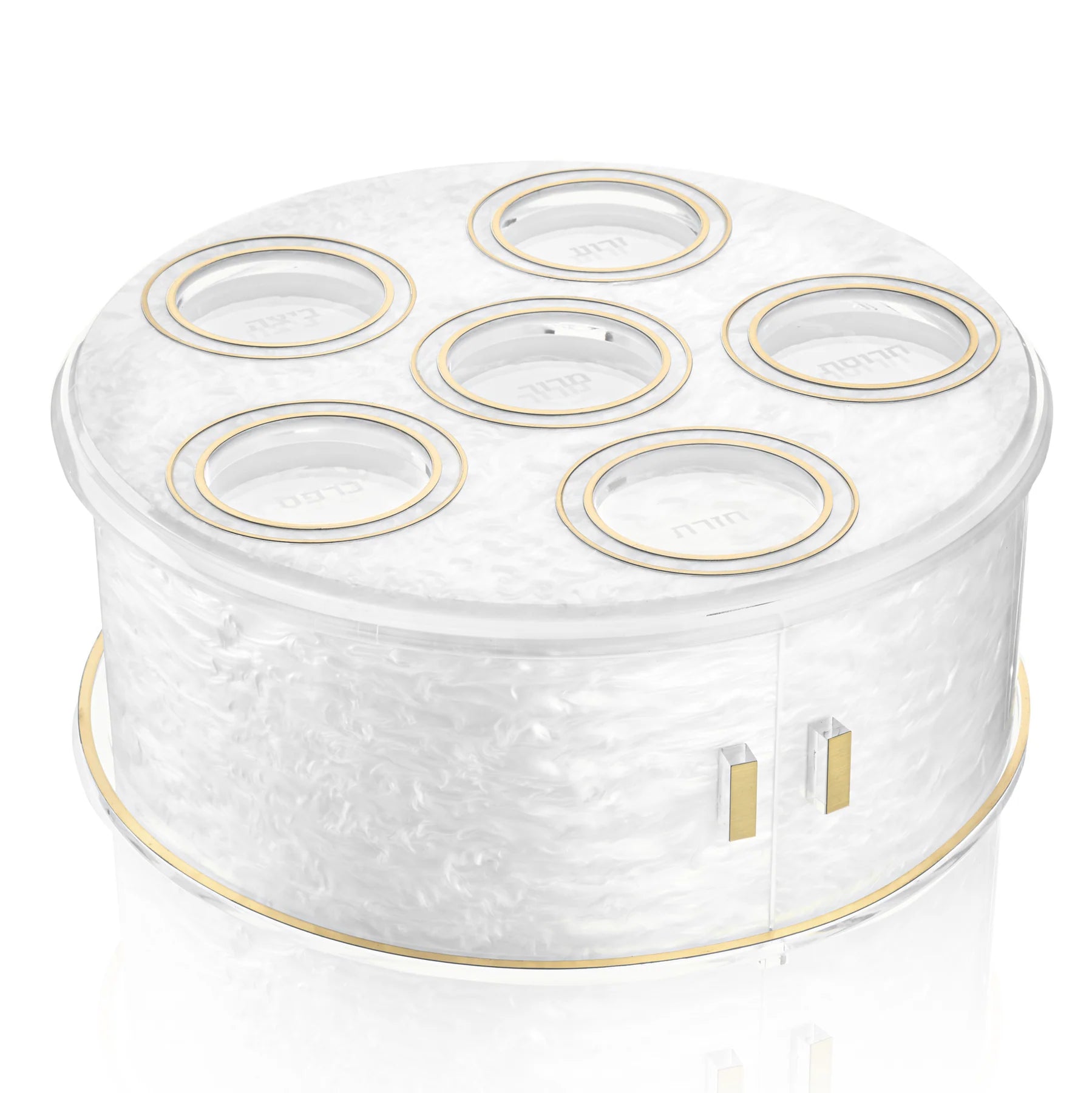 White and gold 3 tier seder plate with multiple circular compartments on a white background - FH Bargains