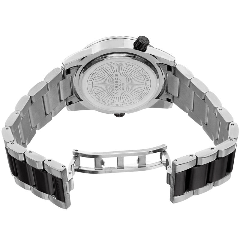 Akribos XXIV Silver Tone Case on Two-Tone Bracelet, Black Dial with Silver Tone Hands