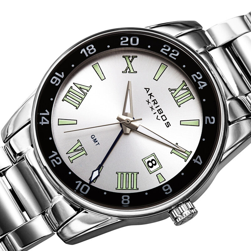 Akribos XXIV Ion Plated Silver Tone Case and Band with a Black Bezel Under Crystal, Silver Dial