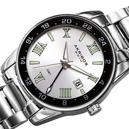 Akribos XXIV Ion Plated Silver Tone Case and Band with a Black Bezel Under Crystal, Silver Dial