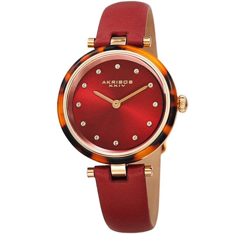Akribos XXIV Ion Plated Gold Tone Case with Tortoise Shell Bezel, Red Dial and Leather Strap, with Swarovski Crystal Markers