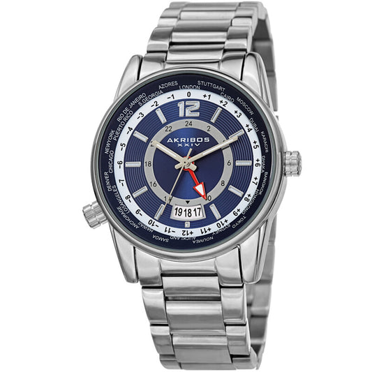 Akribos XXIV Silver Tone Case on Silver Bracelet, Blue Dial with Silver Tone Hands