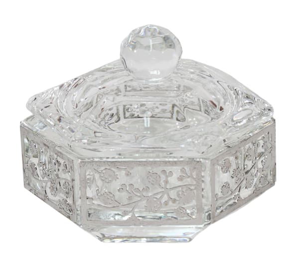 Decorative floral crystal dish with a lid on a white background  - AFH Bargains
