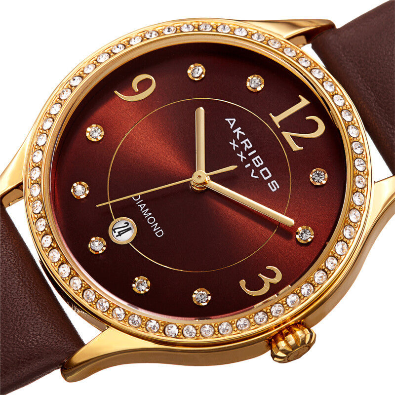 Akribos XXIV Gold Ion Plated Alloy Case on Brown Genuine Leather Strap, Brown Dial with Gold Hands