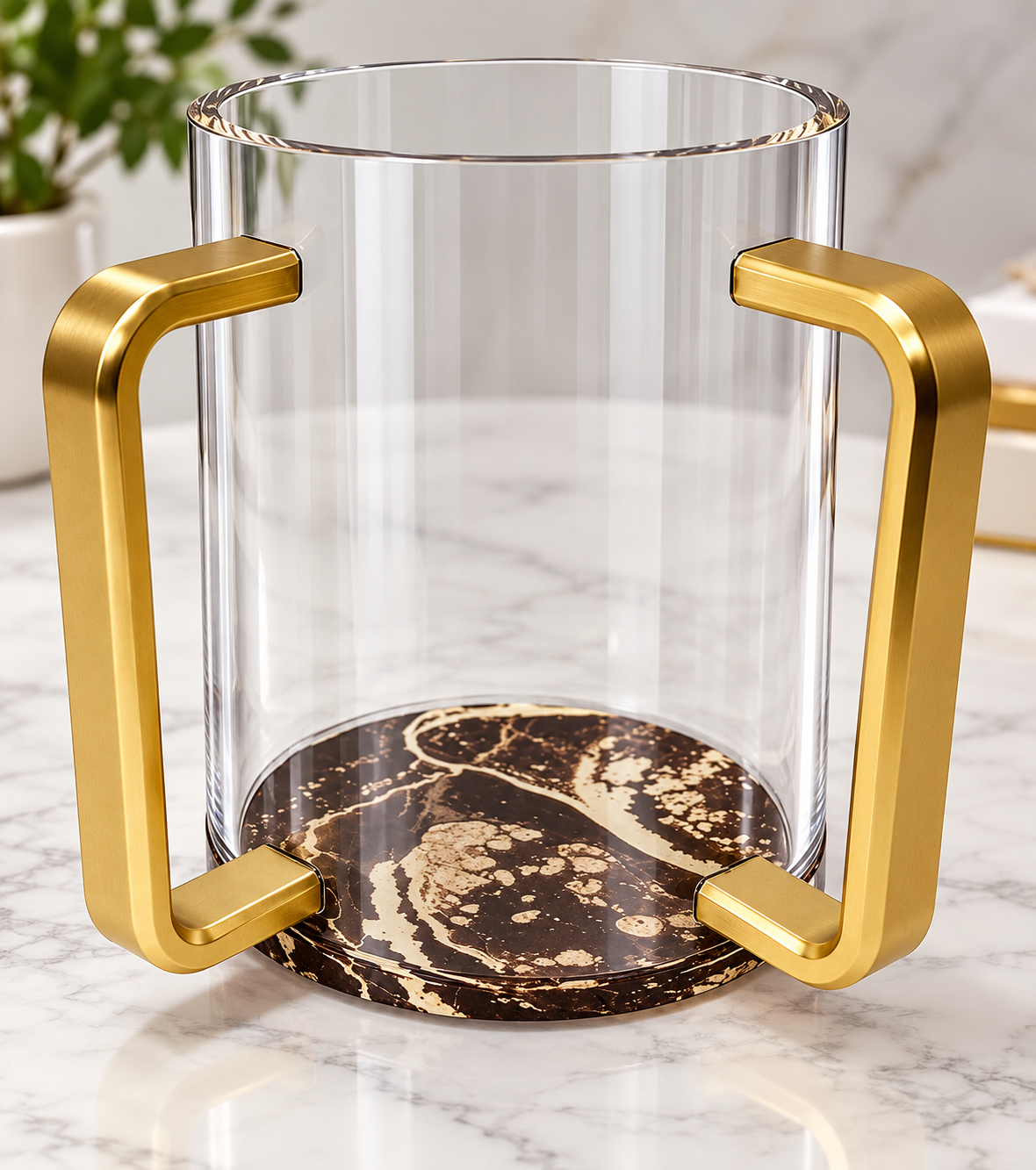 Acrylic Clear Washing Cup - Gold Handle - Black&Gold Marble