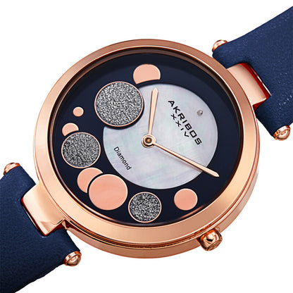 Akribos XXIV Ion Plated Rose Gold Tone Case with Diamond on Circular Pattern MOP Dial, on a Dark Blue Leather Strap