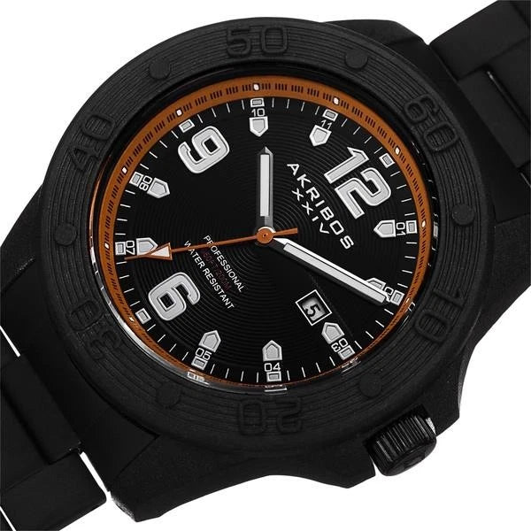 Akribos XXIV Black Ion Plated Carbon Fiber Case on Black Bracelet, Black and Orange Dial with Silver Tone Hands