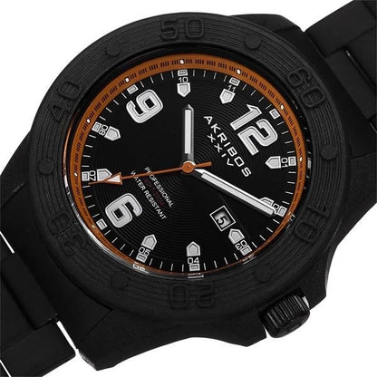 Akribos XXIV Black Ion Plated Carbon Fiber Case on Black Bracelet, Black and Orange Dial with Silver Tone Hands