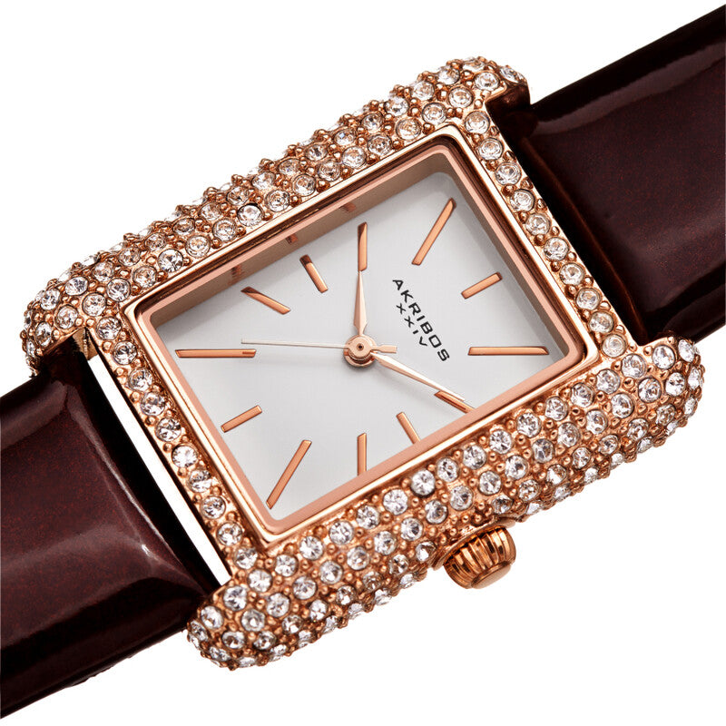 Akribos XXIV Swarovski Crystal Studded Rose Gold Tone Tank-Shaped Case, Brown Patent Leather Strap, White Dial and Rose Gold Tone Applied Markers