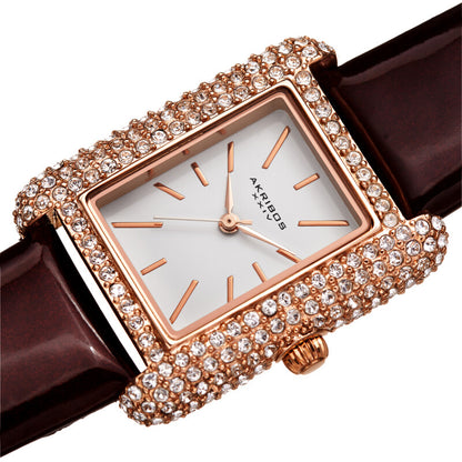 Akribos XXIV Swarovski Crystal Studded Rose Gold Tone Tank-Shaped Case, Brown Patent Leather Strap, White Dial and Rose Gold Tone Applied Markers