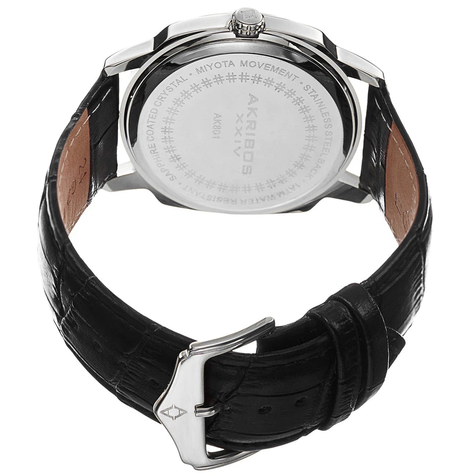 Akribos XXIV Silver Ion Plated Alloy Case on Black Strap, Black Dial with Silver Tone Hands