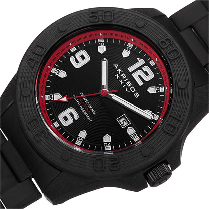 Akribos XXIV Black Ion Plated Carbon Fiber Case on Black Bracelet, Black and Red Dial with Silver Tone Hands