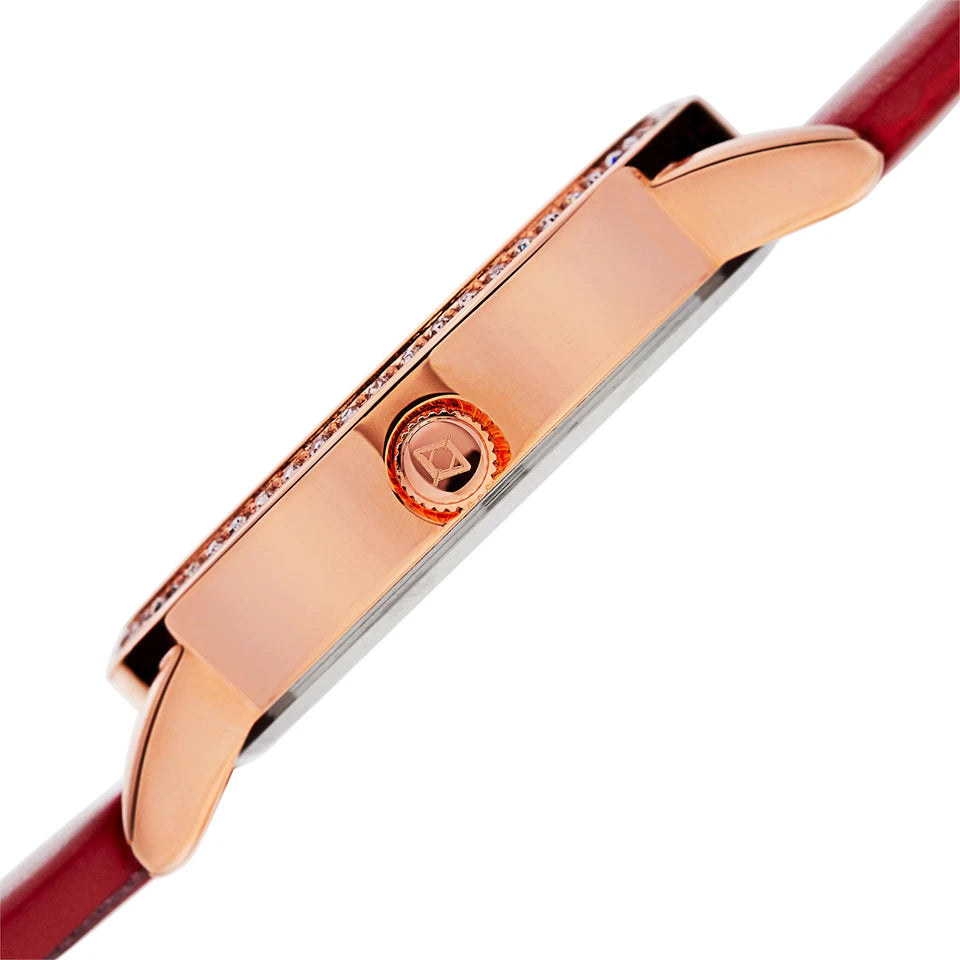 Akribos XXIV Rose Gold Ion Plated Alloy Case on Red Strap, White Mother of Pearl and Silver Dial with Rose Gold Tone Hands