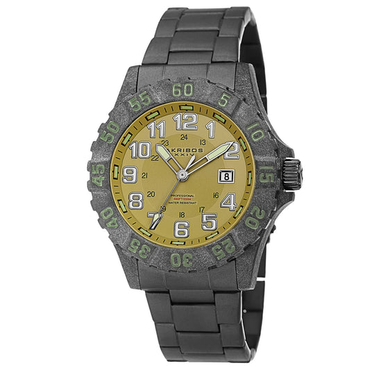 Akribos XXIV Black Carbon Fiber Case on Black Bracelet, Olive Green Dial with Silver Tone Hands