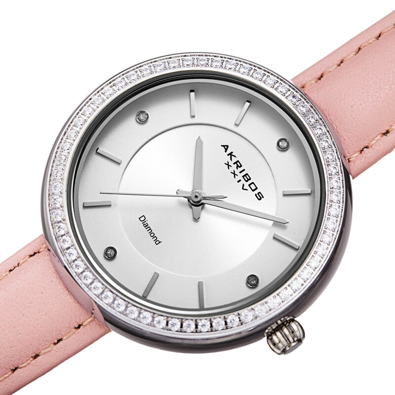 Akribos XXIV Silver Tone Case on Pink Leather Strap, White Dial with Silver Tone Hands