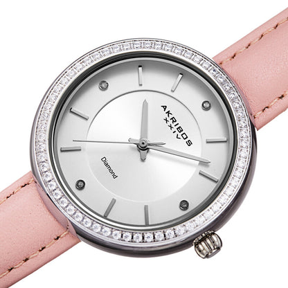 Akribos XXIV Silver Tone Case on Pink Leather Strap, White Dial with Silver Tone Hands