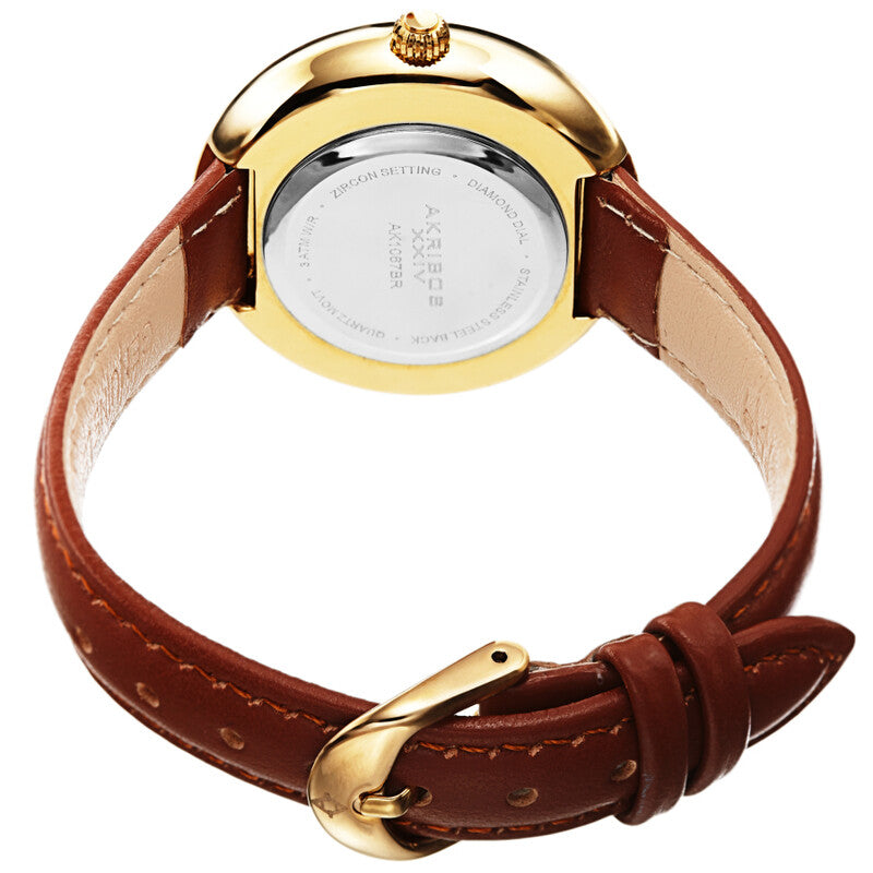 Akribos XXIV Gold Tone Ion Plated Case on Tan Brown Leather Strap, White Dial with Gold Tone Hands