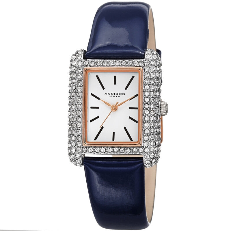 Akribos XXIV Swarovski Crystal Studded Silver Tone Tank-Shaped Case, Blue Patent Leather Strap, White Dial and Black Matte Applied Markers
