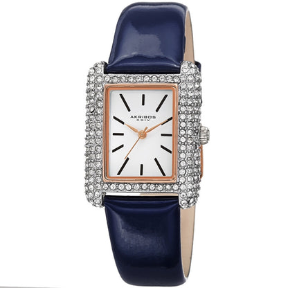 Akribos XXIV Swarovski Crystal Studded Silver Tone Tank-Shaped Case, Blue Patent Leather Strap, White Dial and Black Matte Applied Markers