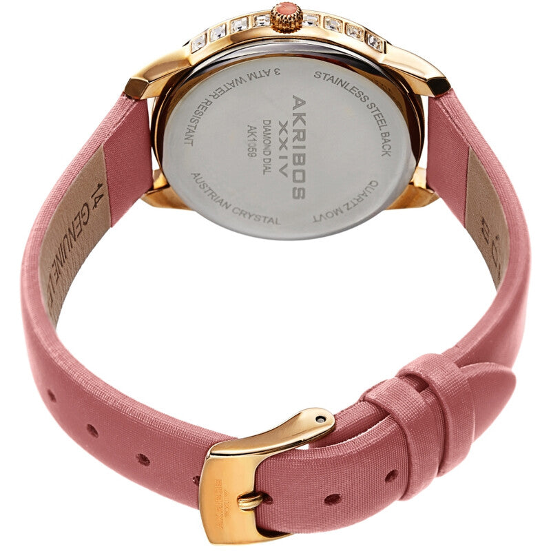 Akribos XXIV Gold Tone Case on Pink Satin Strap, with a White Dial and Gold Hands, with Square Swarovski Crystals on the Case Side