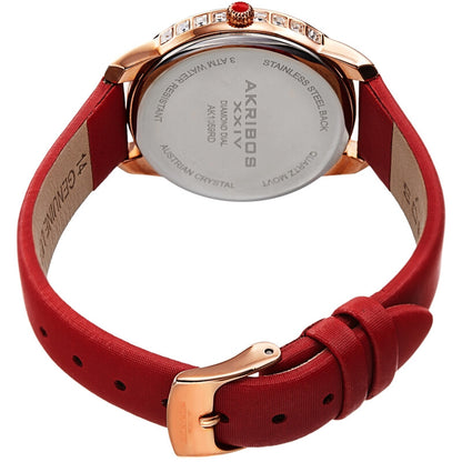Akribos XXIV Rose Gold Tone Case on Red Satin Strap, with a Red Dial and Rose Gold Hands, with Square Swarovski Crystals on the Case Side