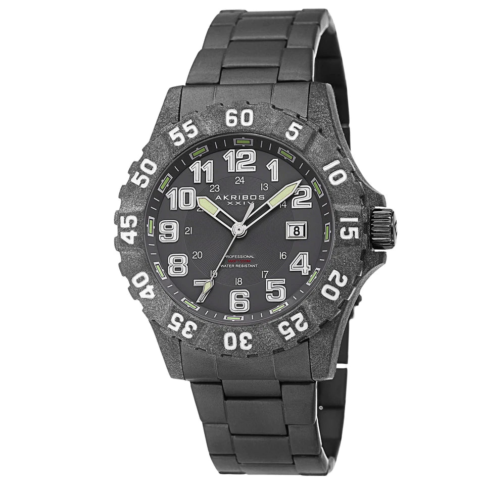Akribos XXIV Black Carbon Fiber Case on Black Bracelet, Gray Dial with Silver Tone Hands