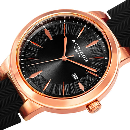 Akribos XXIV Rose Gold Ion Plated Alloy Case on Black Silicon Strap, Black Dial with Rose Gold Hands