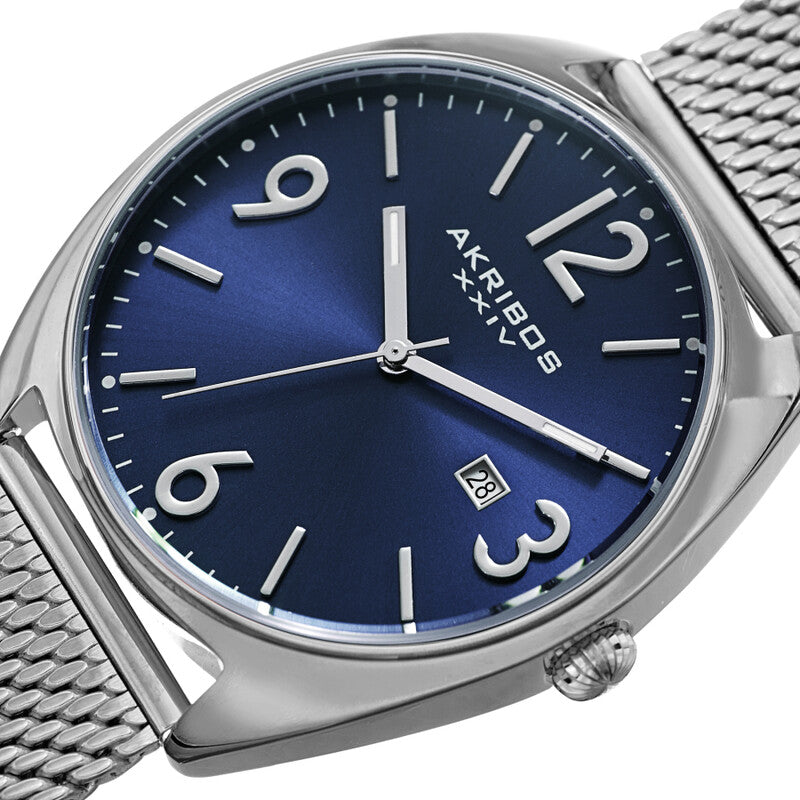 Akribos XXIV Silver Tone Case on Silver Tone Mesh Bracelet, Blue Dial with Silver Hands