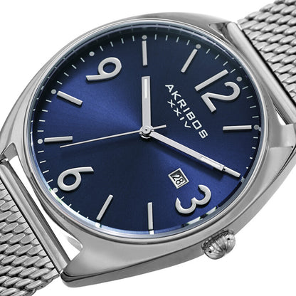 Akribos XXIV Silver Tone Case on Silver Tone Mesh Bracelet, Blue Dial with Silver Hands