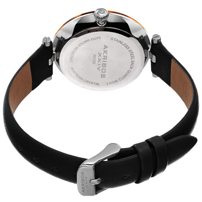 Akribos XXIV Silver Tone Case with Tortoise Shell Bezel, Black Dial and Leather Strap, with Swarovski Crystal Markers