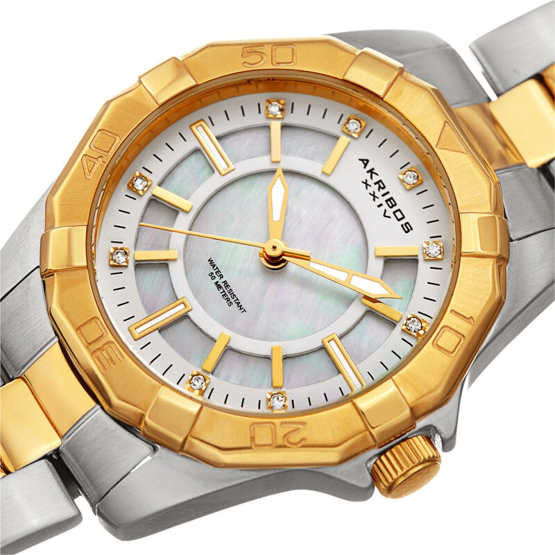 Akribos XXIV Two Tone Case on Two Tone Bracelet, White Mother Of Pearl Dial with Gold Tone Hands