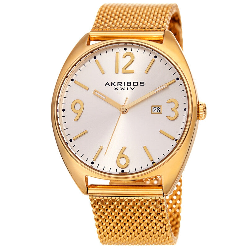 Akribos XXIV Gold Tone Case on Gold Tone Mesh Bracelet, Silver Dial with Gold Hands