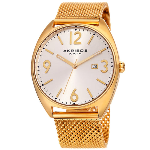 Akribos XXIV Gold Tone Case on Gold Tone Mesh Bracelet, Silver Dial with Gold Hands